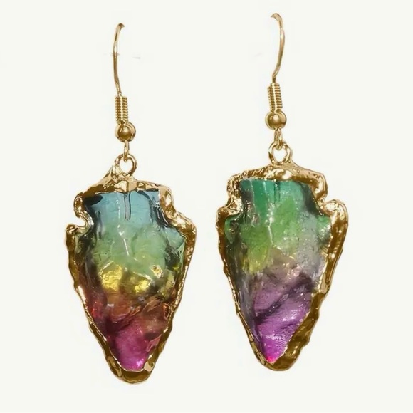 Jewelry - “Ombre Arrowhead” Angel Aura Rainbow Quartz Striking Tip Point Head Gold Earring